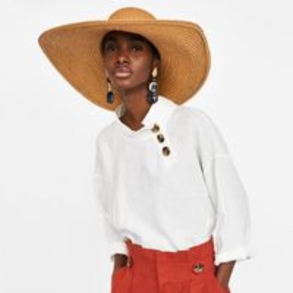 Zara Linen Blouse with Tortoiseshell Buttons at Neck